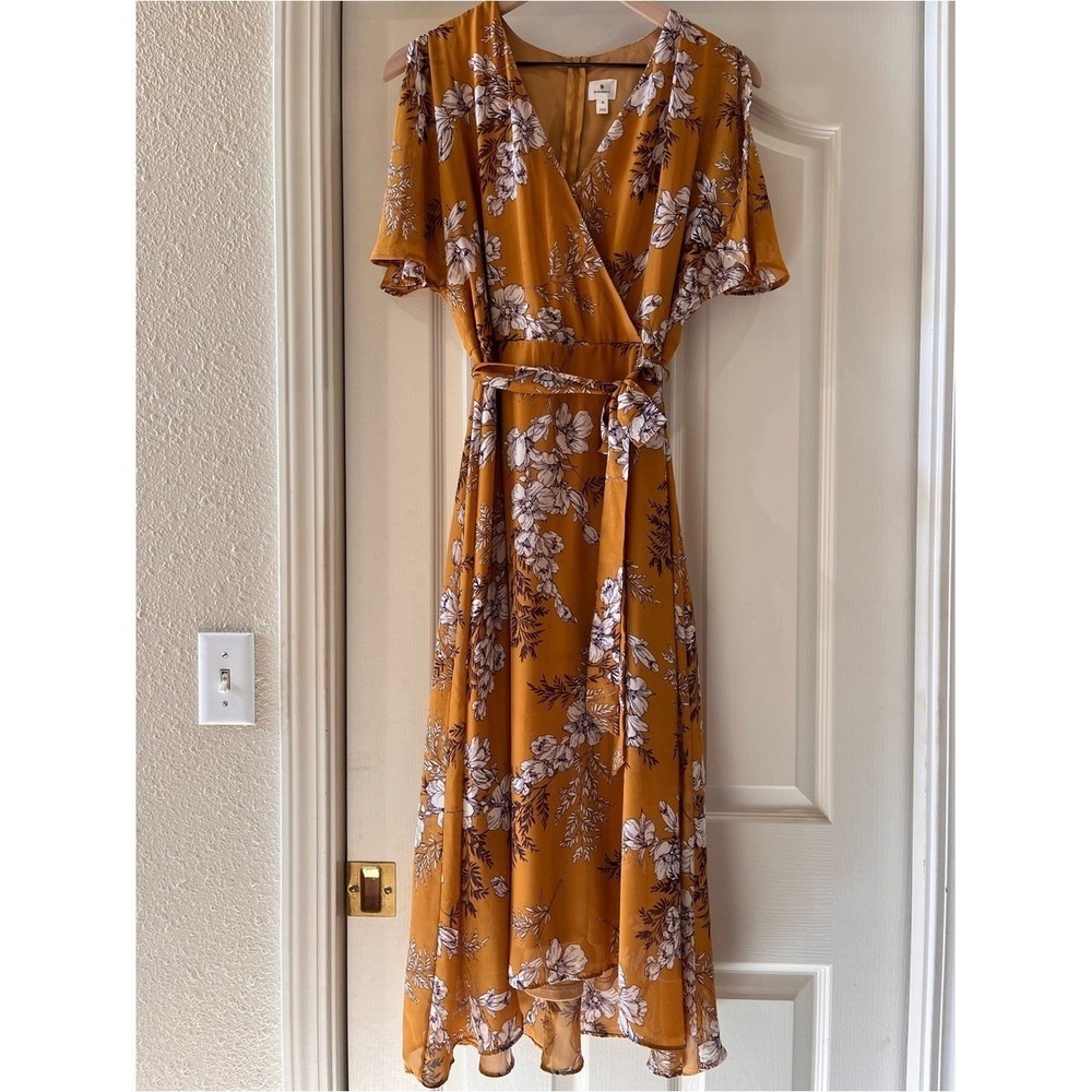 Dressbarn 10 Floral Wrap Midi Dress Mustard Flowy Flutter Sleeve Lined Tie Belt